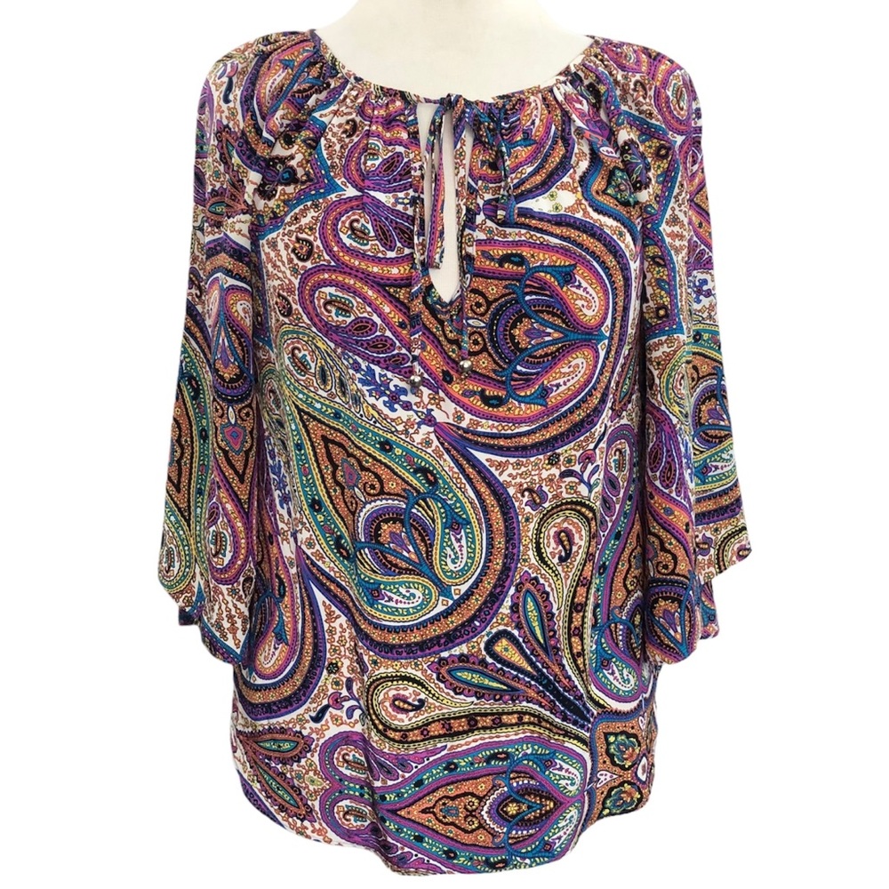 Alice & Trixie 100% Silk Bell Sleeve Multicolor Paisley Peasant Blouse XS